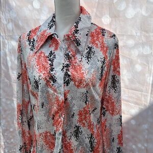 Coral and Black Abstract Print Button Down Blouse